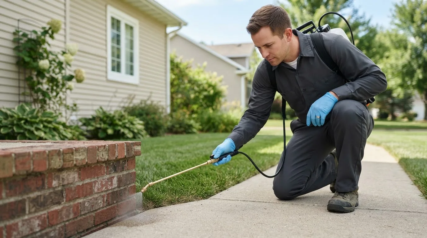 Pest control technician treating a home near Tatums, OK